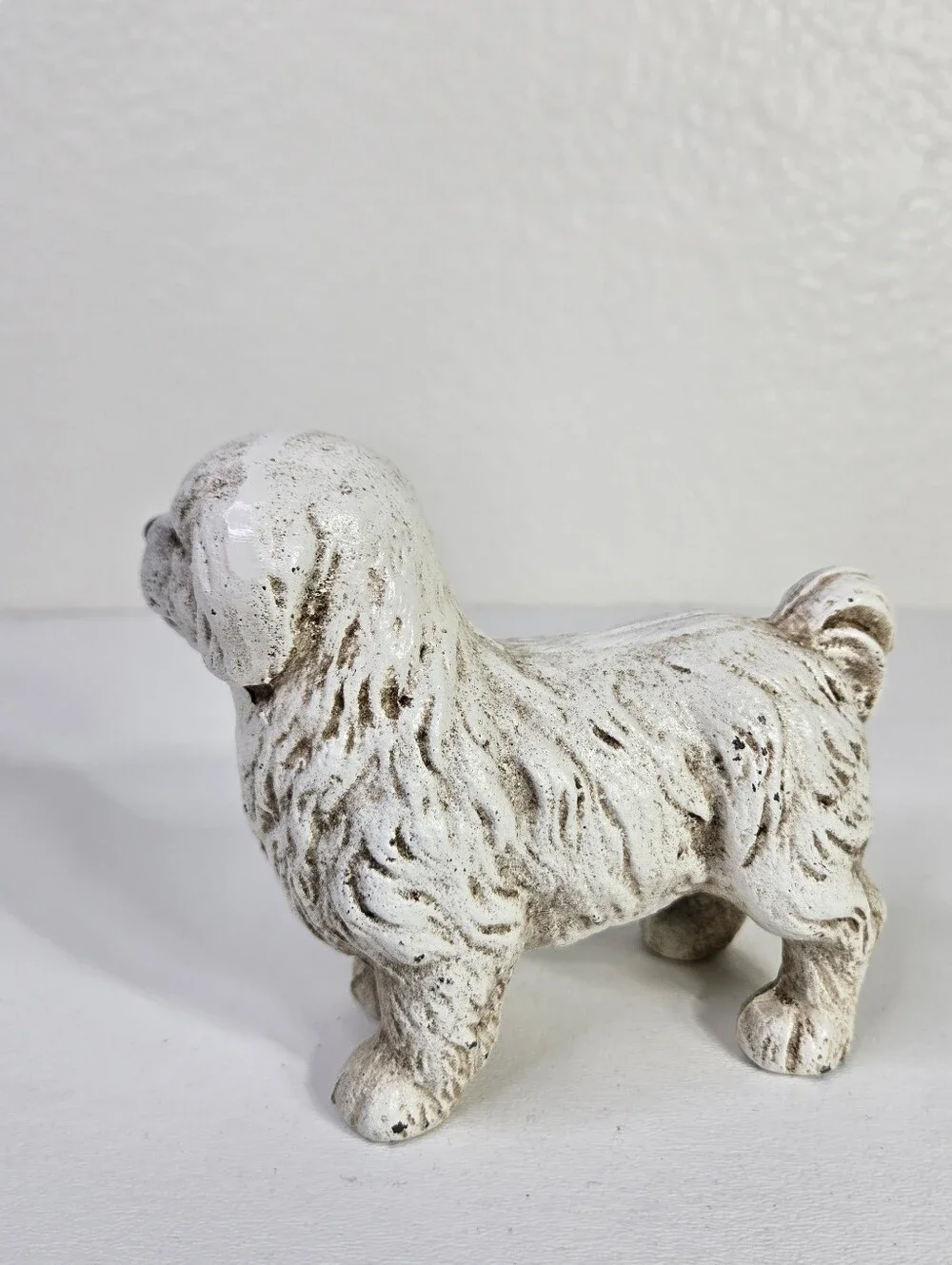 VTG Cast Iron Dog Figurine White Pekingese Shih Tzu Maltese Garden Statue Dog